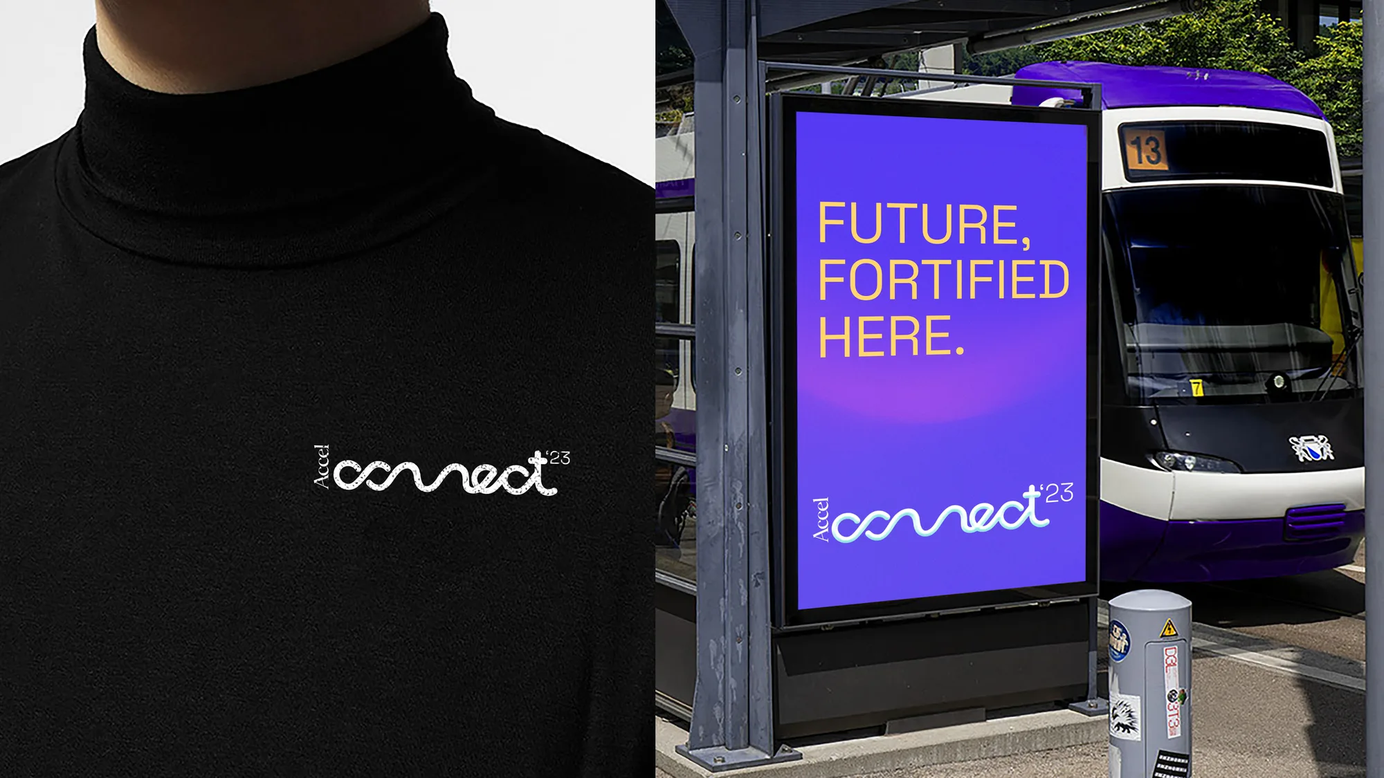 Accel Connect logo embroidered on a black turtleneck, beside a tram-shelter ad reading ‘Future, fortified here’
