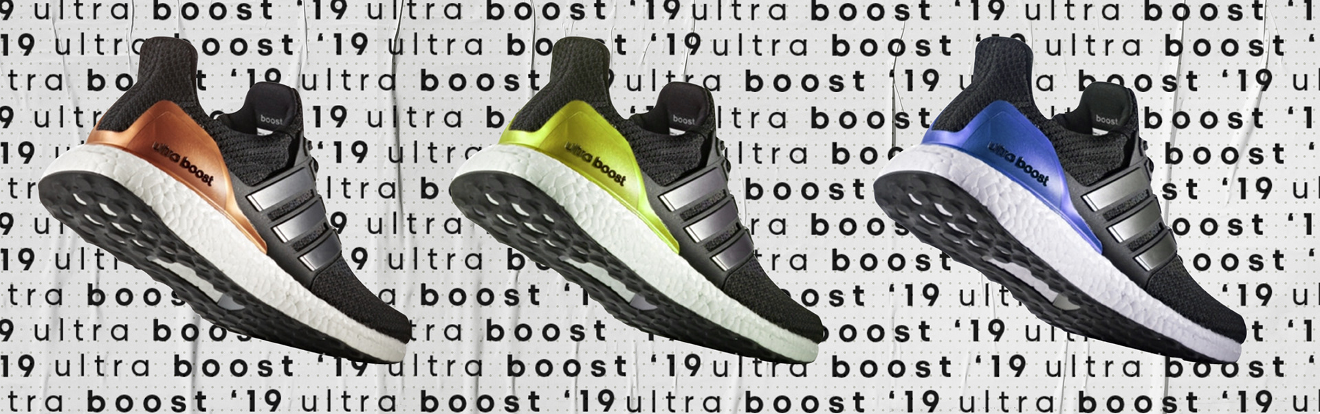 Adidas Ultraboost three colorways (copper, lime and blue) on a repeating wordmark background