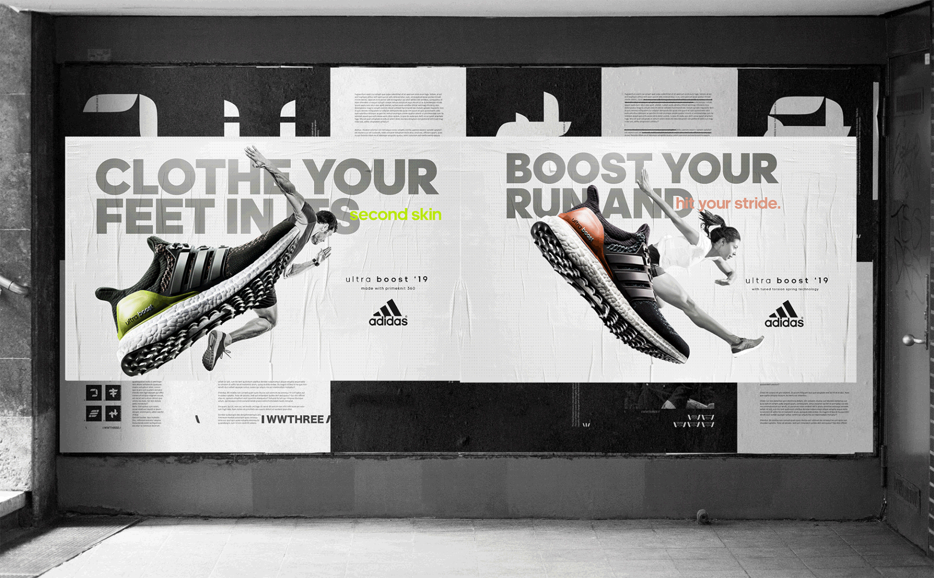 Adidas Ultraboost street wall poster placement, lime and copper key visuals pasted side by side