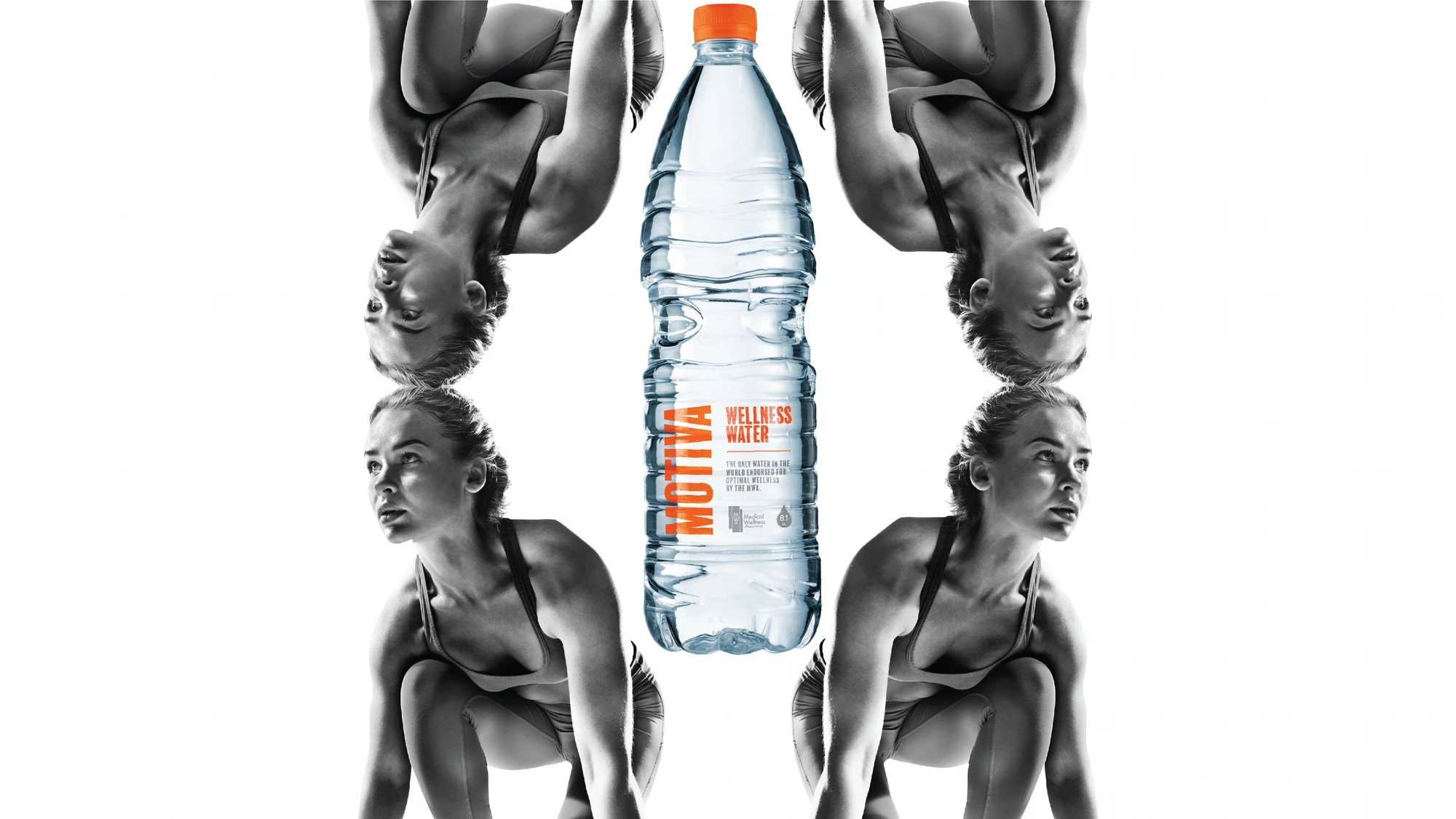 Motiva bottle centred between four mirrored, symmetrical shots of an athlete