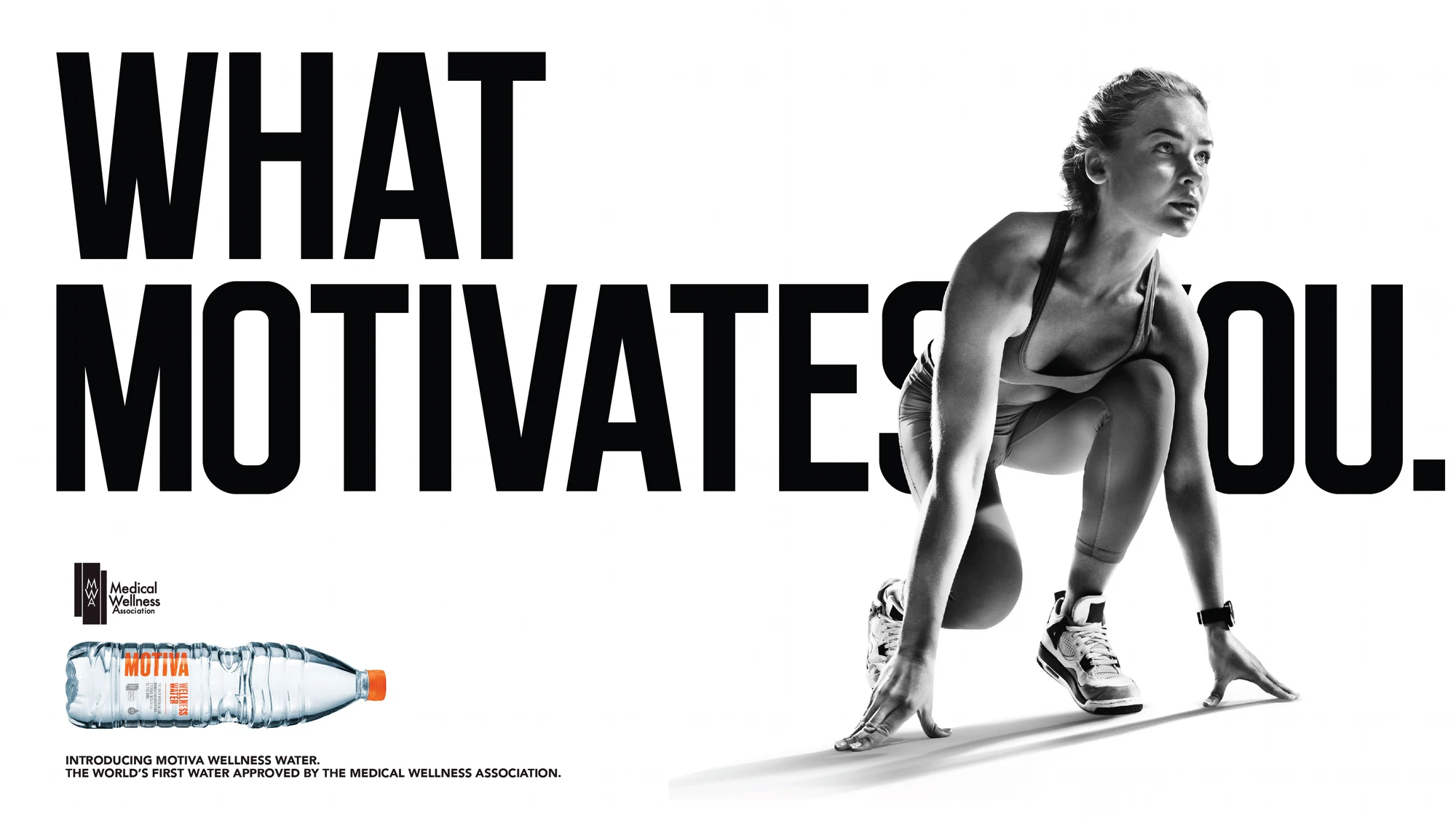 Motiva Wellness Water campaign ad, a woman in starting position, headline What motivates you.