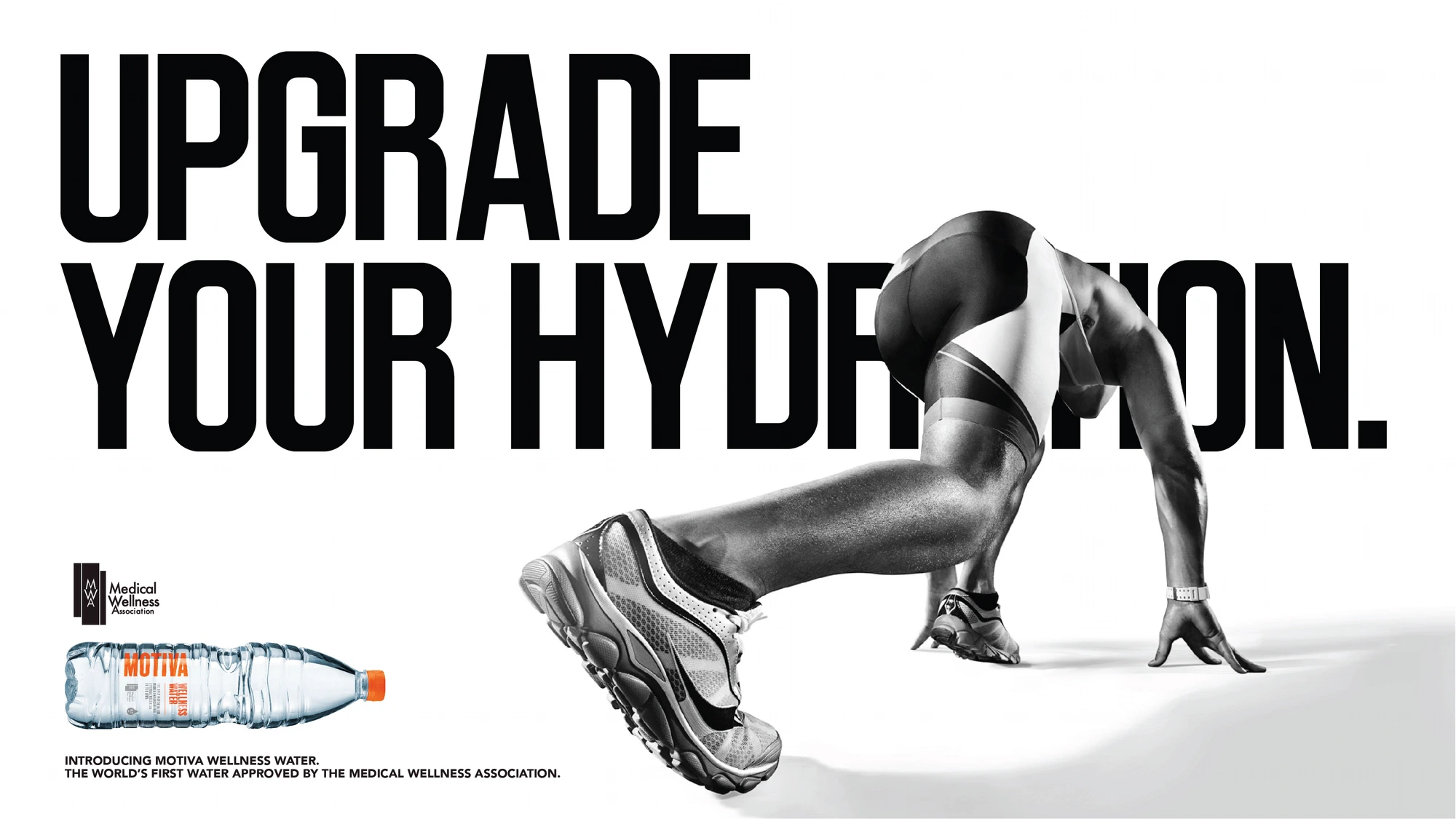 Motiva Wellness Water campaign ad, an athlete in starting position, headline Upgrade your hydration.