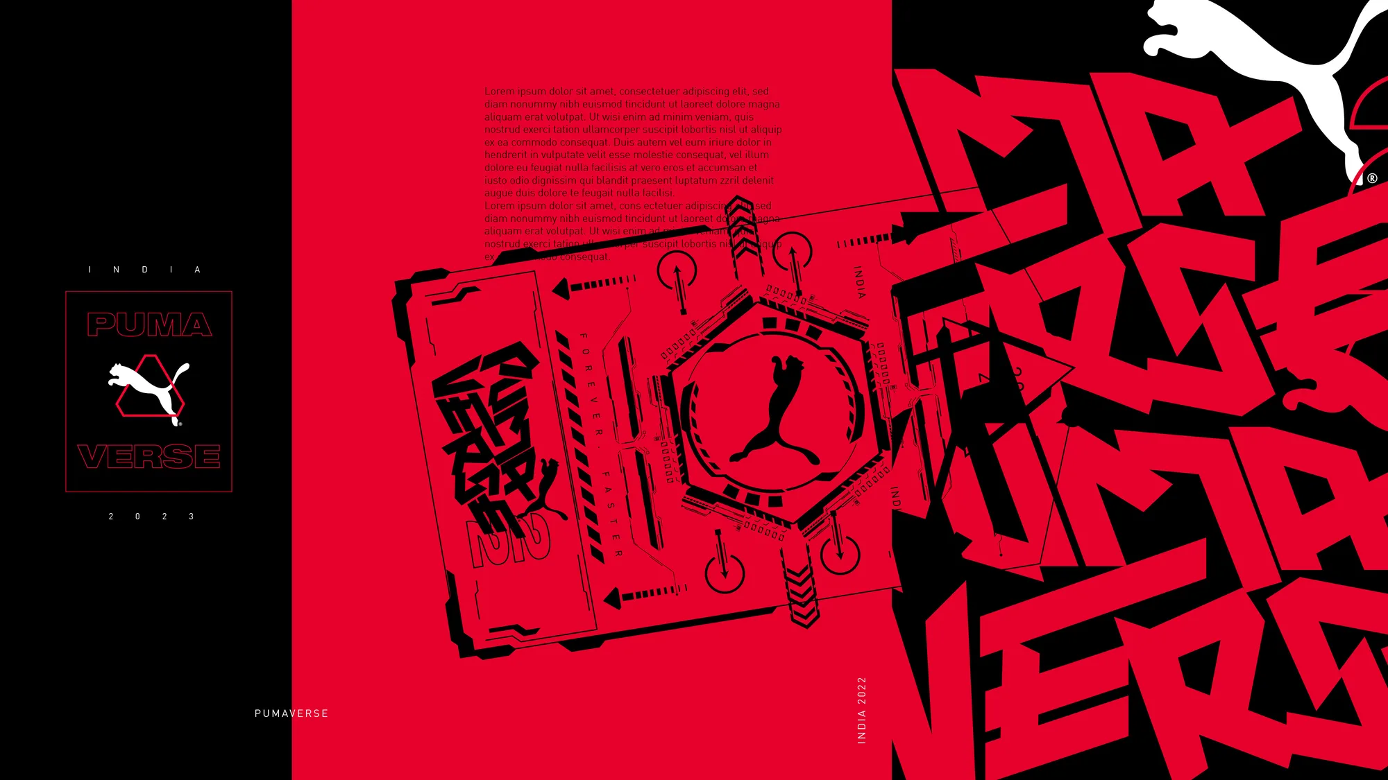 Pumaverse brand book spread mockup, showing the badge lockup, HUD graphic and tagline set inside a layout grid