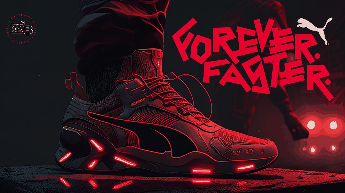 Animated Pumaverse key visual: a glowing red sneaker close-up with ‘Forever. Faster.’ hand-lettering and the Puma leaping cat mark