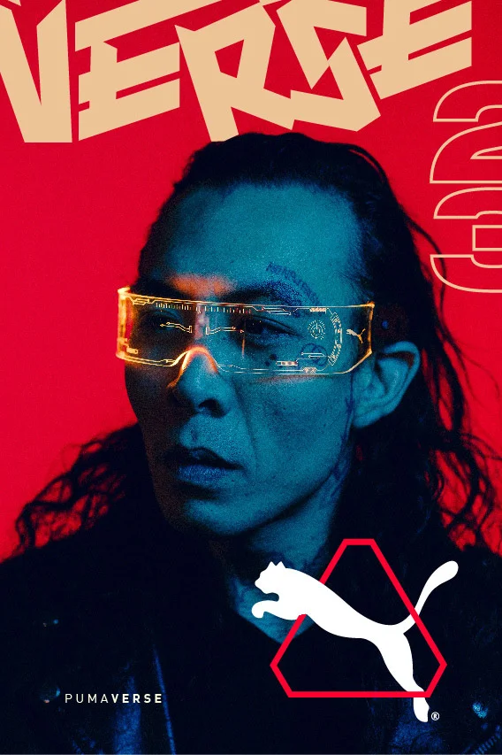 Pumaverse campaign poster: a model in glowing AR HUD glasses under ‘VERSE 23’ type and the leaping cat mark