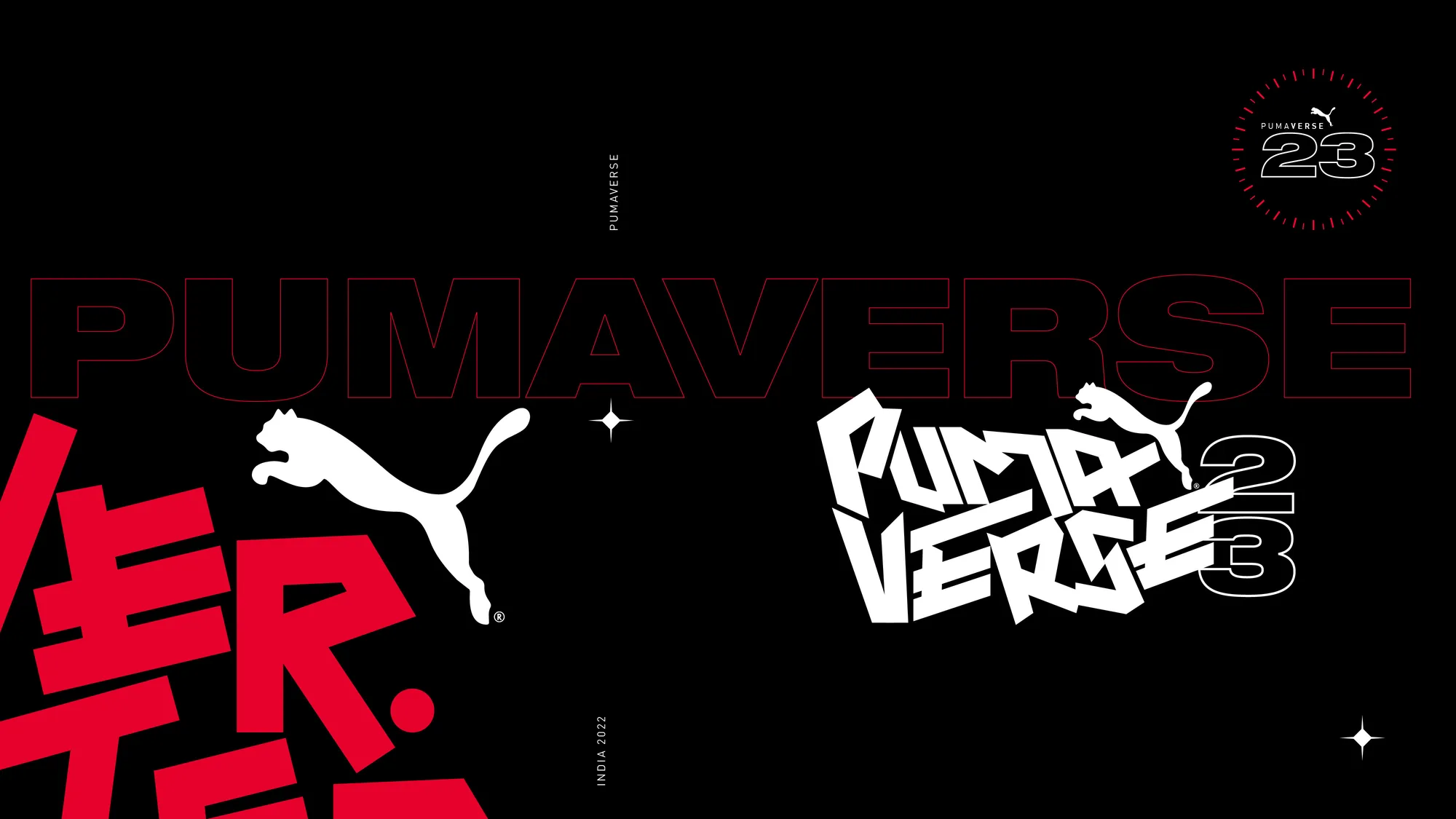 Pumaverse wordmark exploration: an outlined ‘PUMAVERSE’ line mark beside the solid hand-lettered lockup with the leaping cat and ‘23’