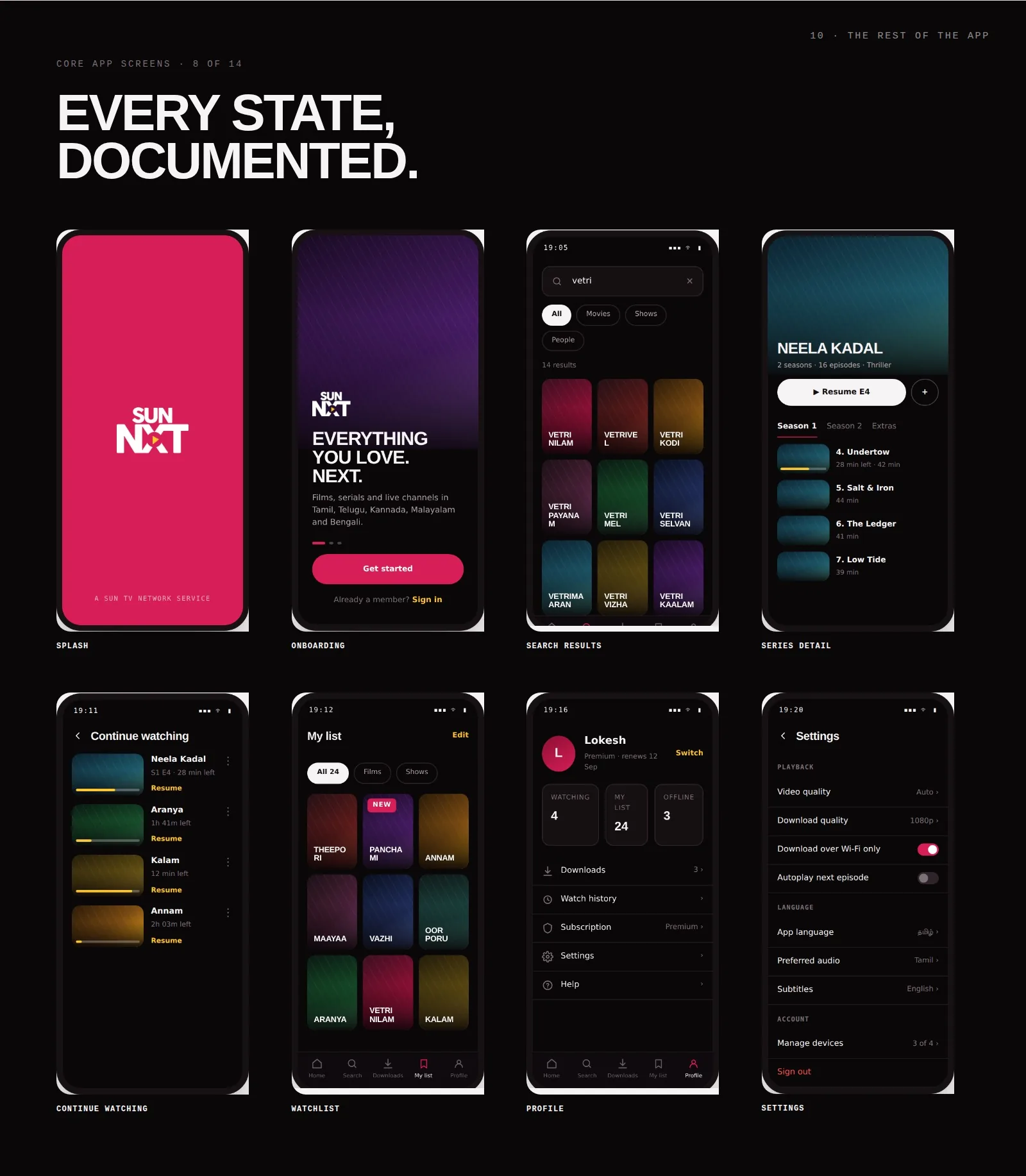 Eight more app screens: splash, onboarding, search results, series detail, continue watching, watchlist, profile and settings