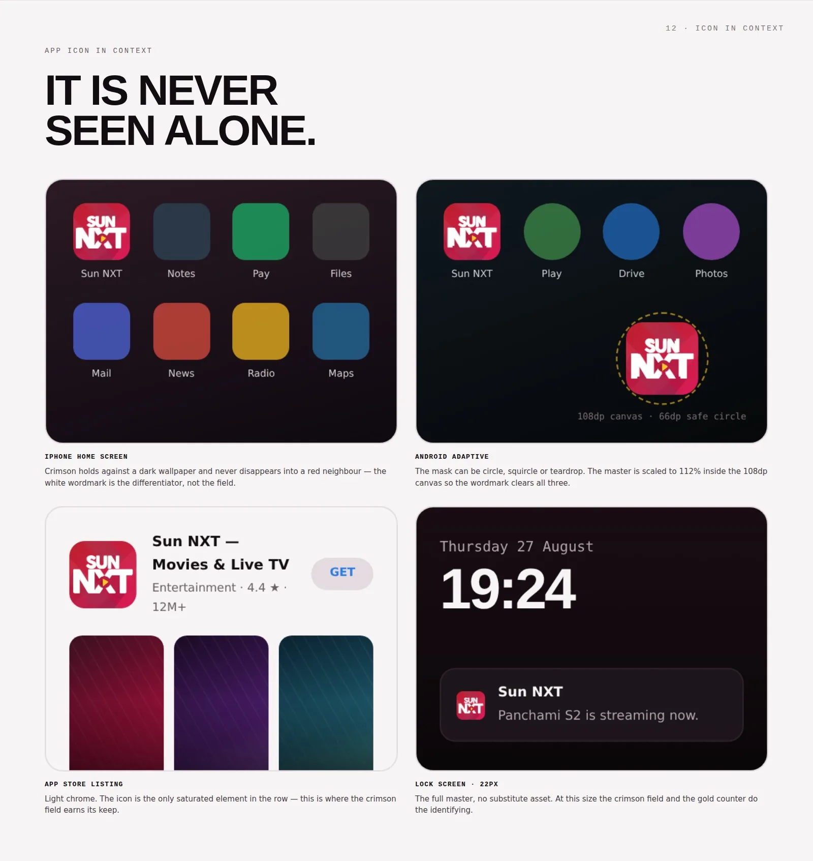 The icon shown on an iPhone home screen, an Android adaptive-icon canvas, an App Store listing and a lock screen
