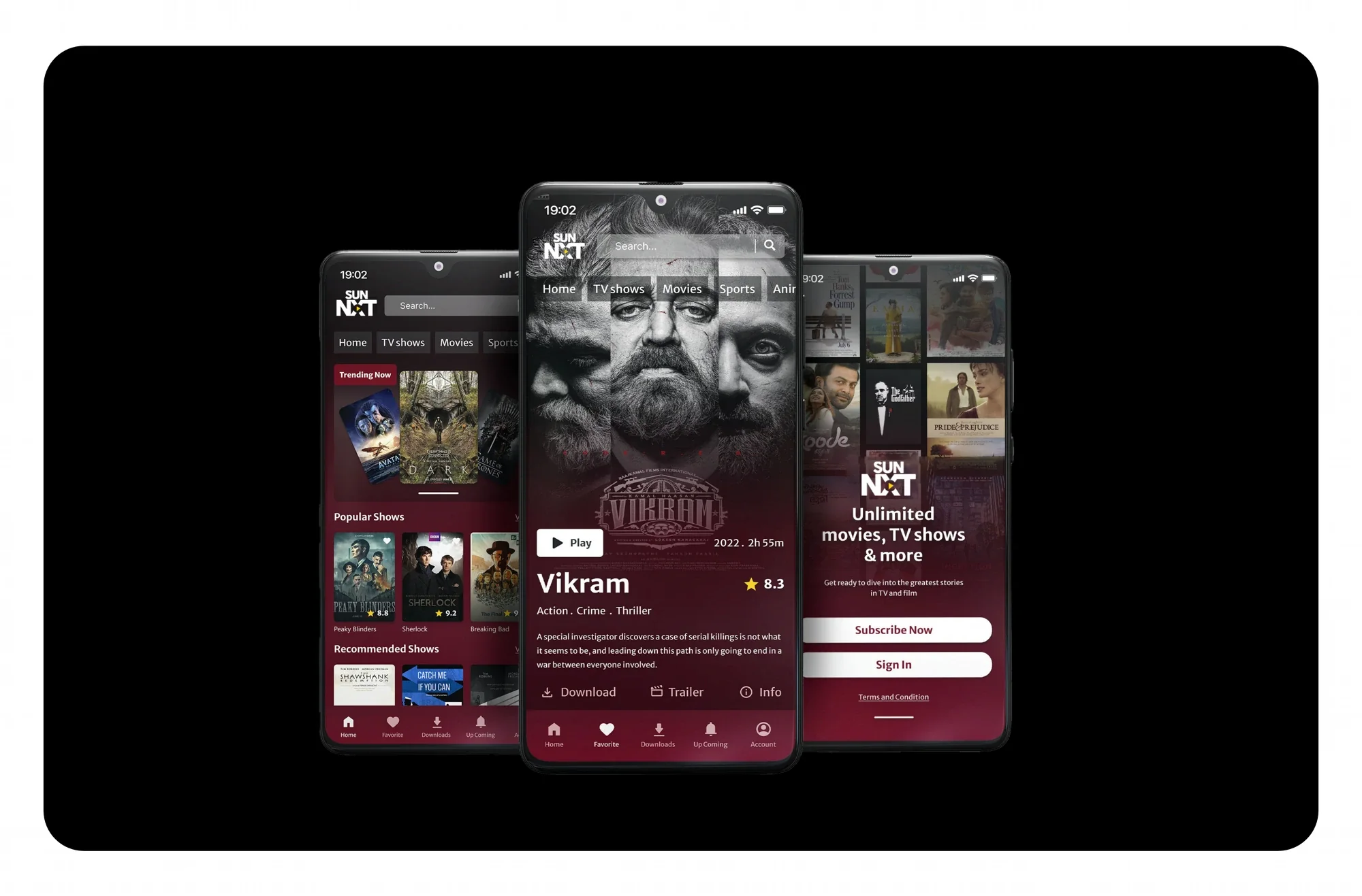SUN NXT app open to a home feed, the film Vikram mid-detail with a play button and rating, and a genre browse screen