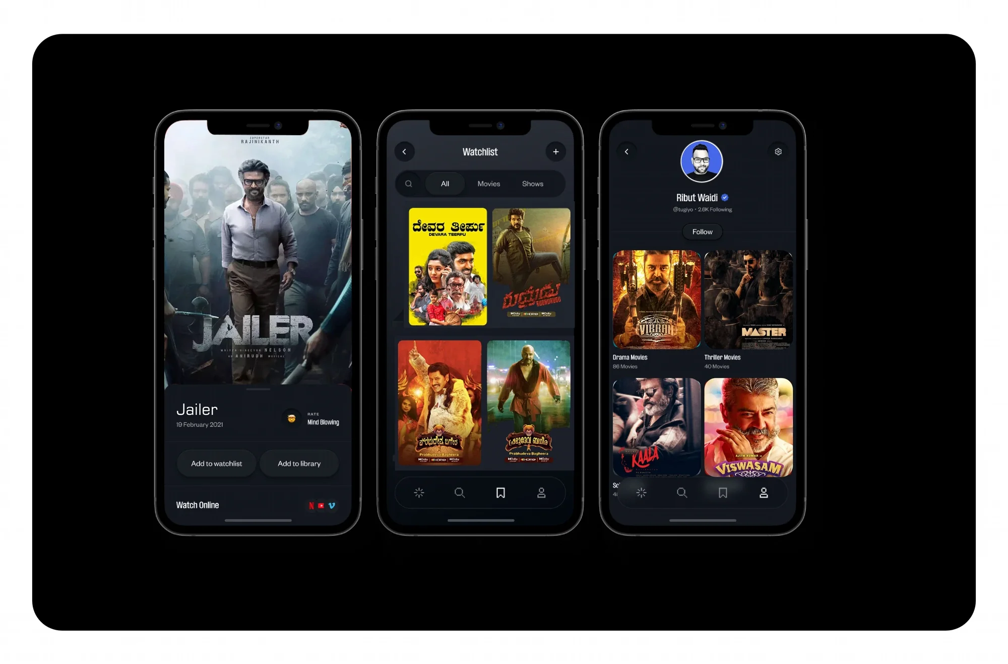 App screens for the film Jailer, a watchlist of Kannada and Telugu titles, and a profile page with a mixed-language library