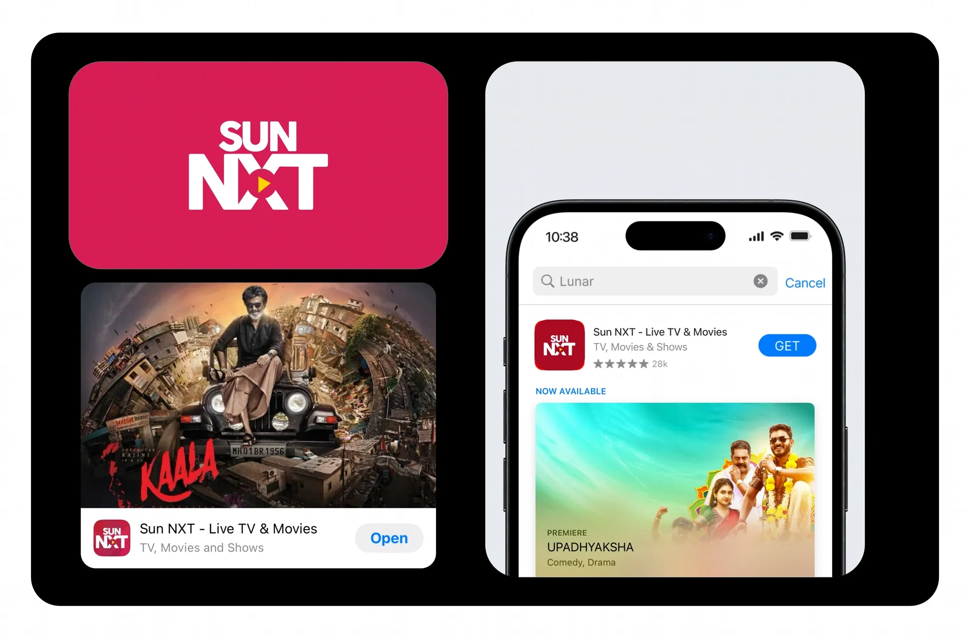 The real App Store listing for Sun NXT: Live TV & Movies, five stars, 28k ratings, a GET button, and a premiere card