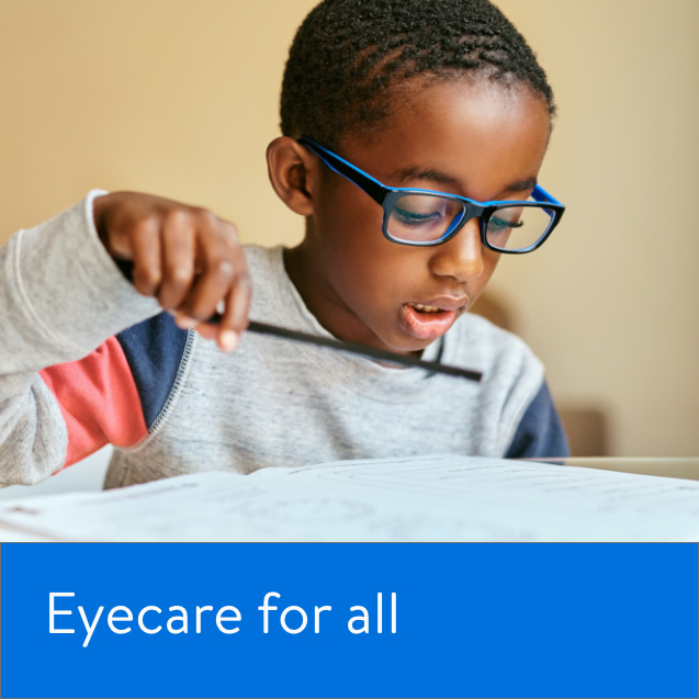 Walmart Health social ad, a child at an eye exam, Eyecare for all